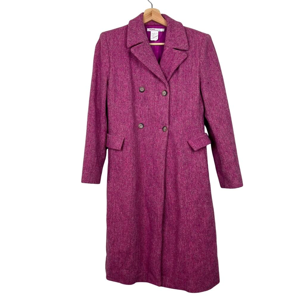 KORS Michael Kors Vintage Pink Tweed Wool Double Breasted Long Coat‎ Size 6